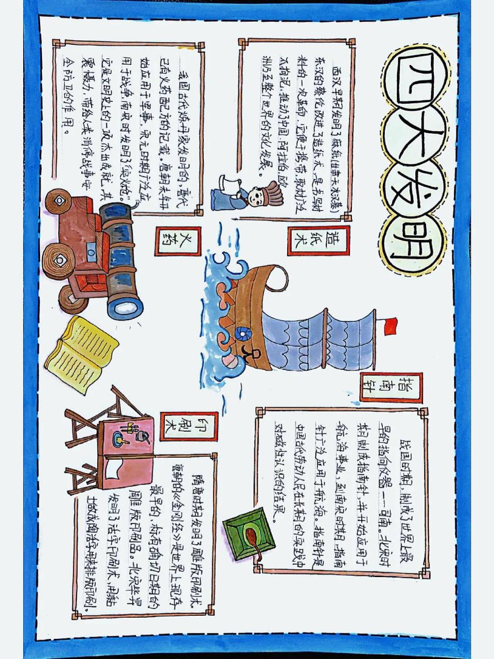 四大发明手抄报  在制作手抄报的过程中,我努力让每一个元素都能准确