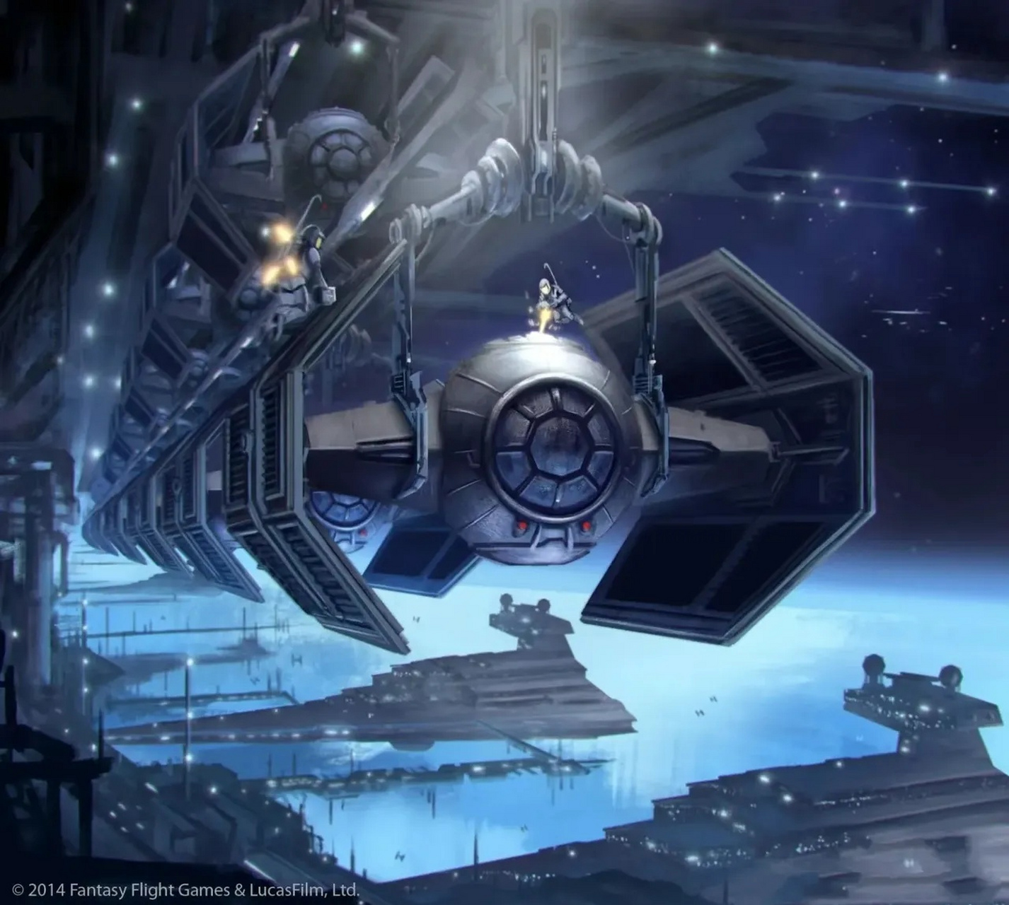 分享一组电影《星球大战》插画作品,描绘了帝国的战机与歼星舰,展现了