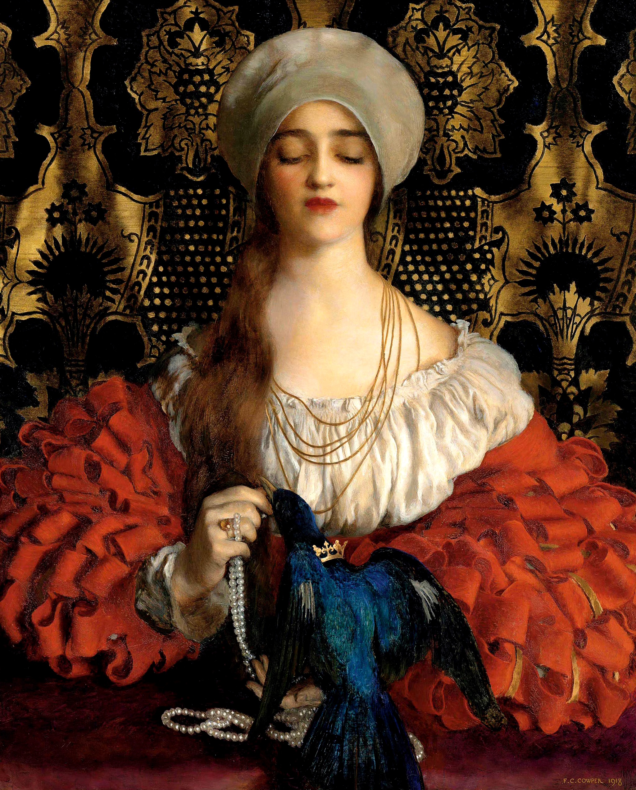 油画作品欣赏,用浓郁的红色展现了人物华丽的造型