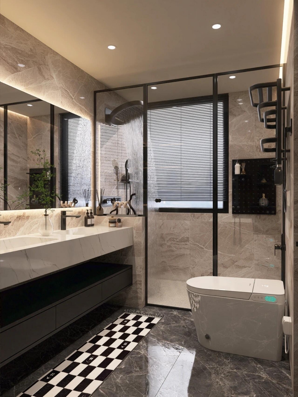 绝美轻奢风卫生间,黑色地砖搭配暖色调墙砖,吊顶嵌入灯带,整体给人的