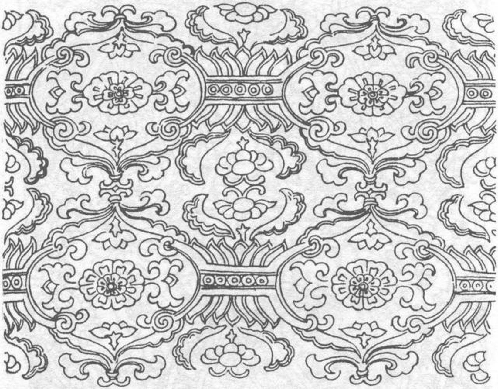 卷草纹又称蔓草纹,它吸收了宝相花和缠枝花的特点,因其卷曲状的花草