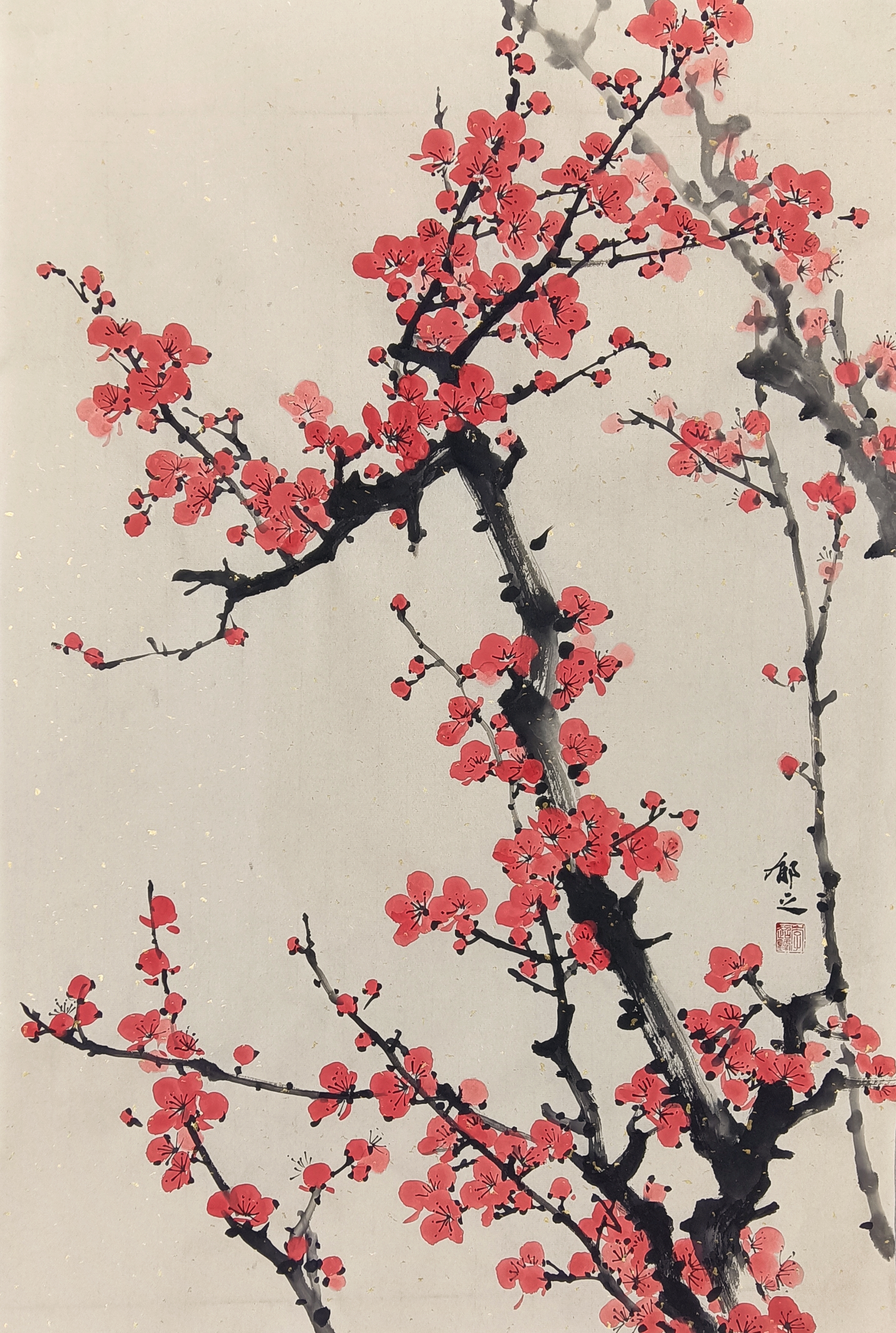 四尺三开,46*70厘米 朱砂梅花 还是应该画一画草图,做到"胸有成梅"