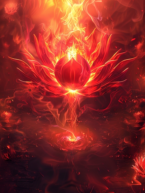 壁纸# #ai绘画# 藕花绽放现红莲,尘世众生引业火,因果现,即为红莲业