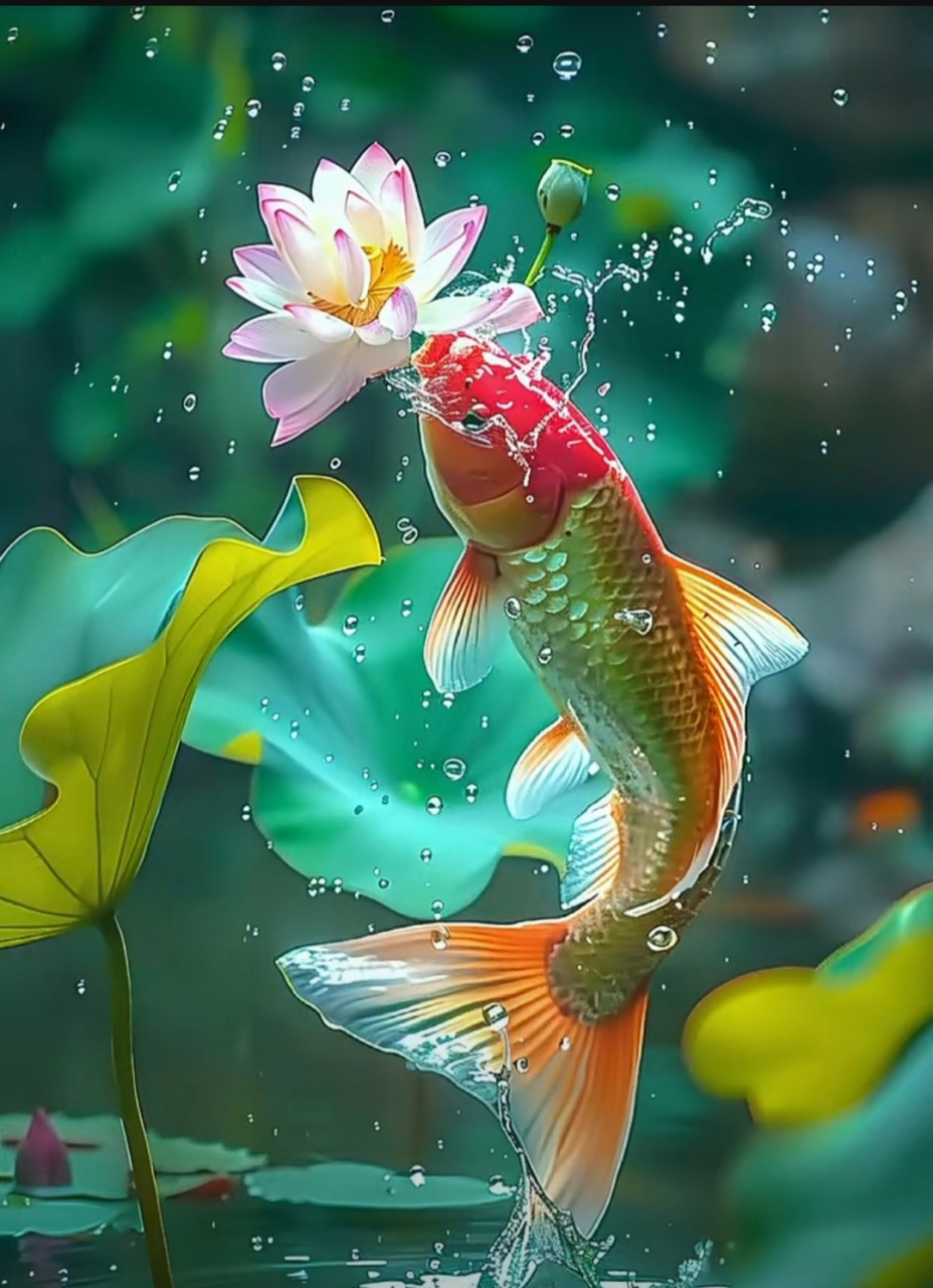 红鲤贪吃红莲,见者红运当头,红运连连.