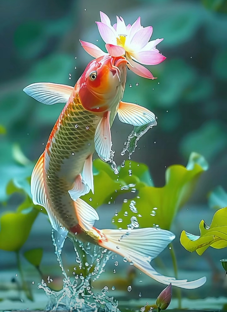 红鲤贪吃红莲,见者红运当头,红运连连.