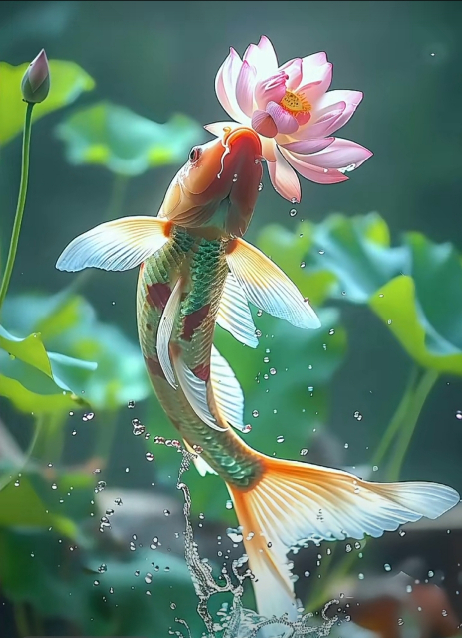 红鲤贪吃红莲,见者红运当头,红运连连.