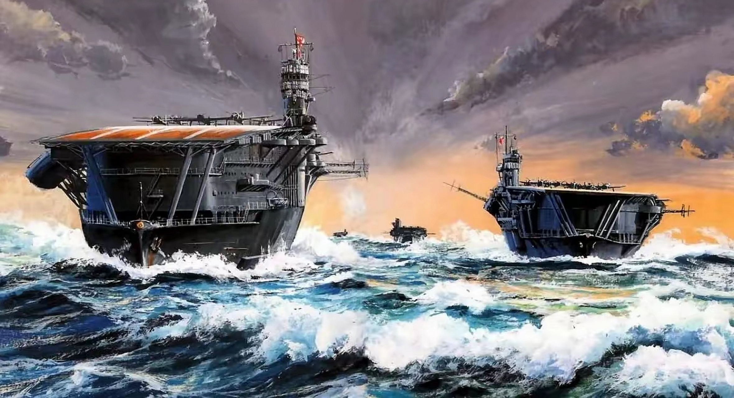 分享一组二战军事题材绘画作品,描绘了双方海军的航空母舰航行和战斗