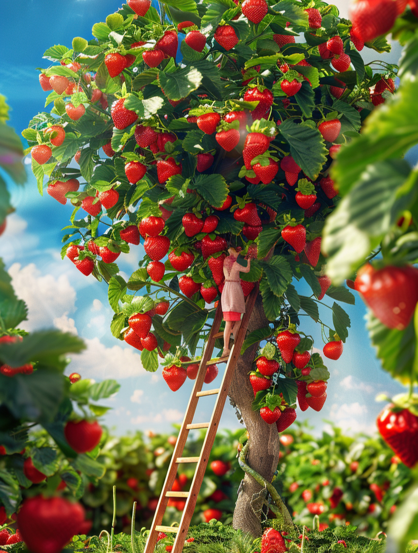 草莓树:草莓"嫁接"上树,ai草莓树,硕果累累,大丰收啦
