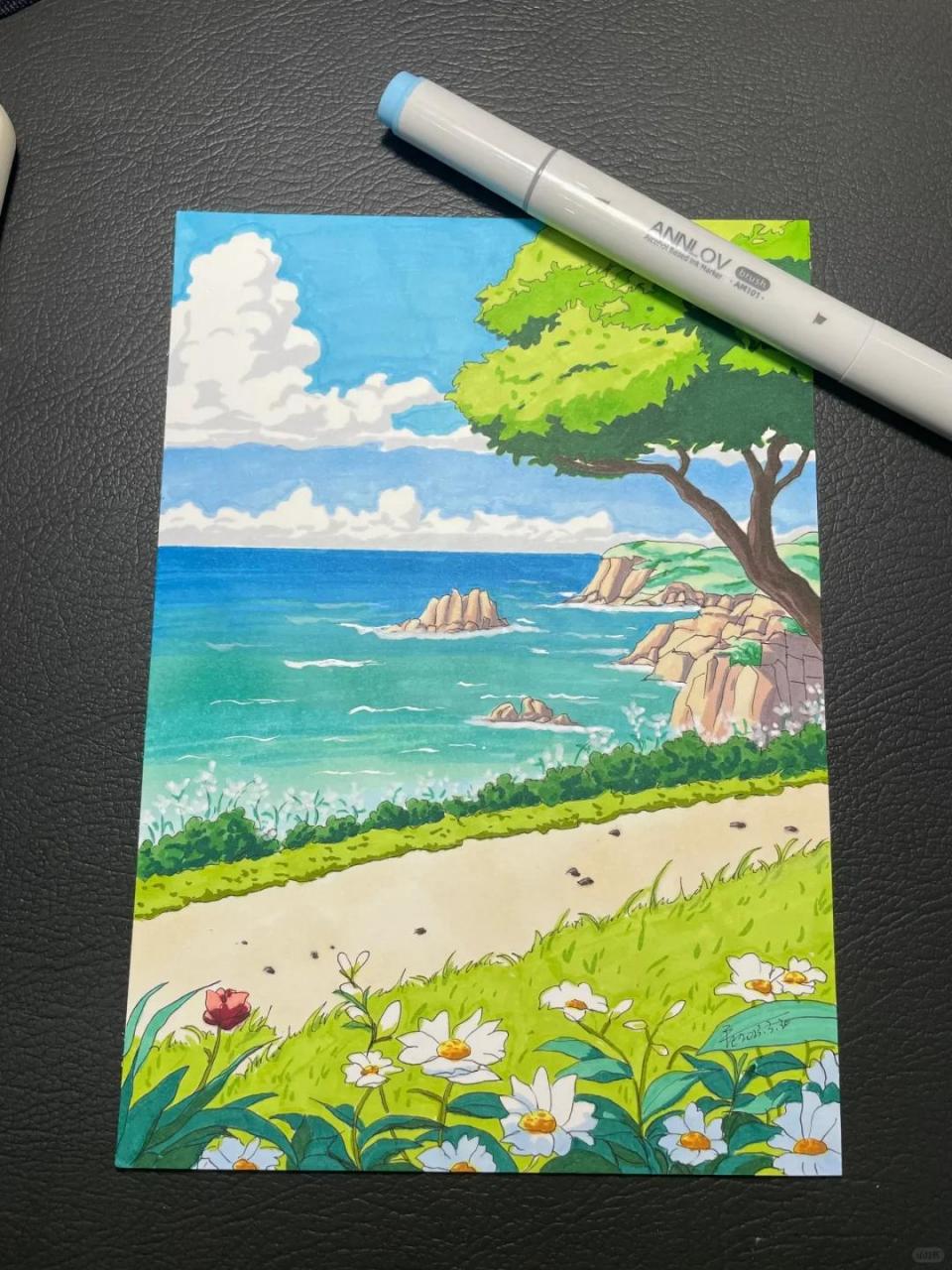 马克笔手绘,风景画 手绘治愈风景画,凉爽夏天的感觉.色彩依然明亮.