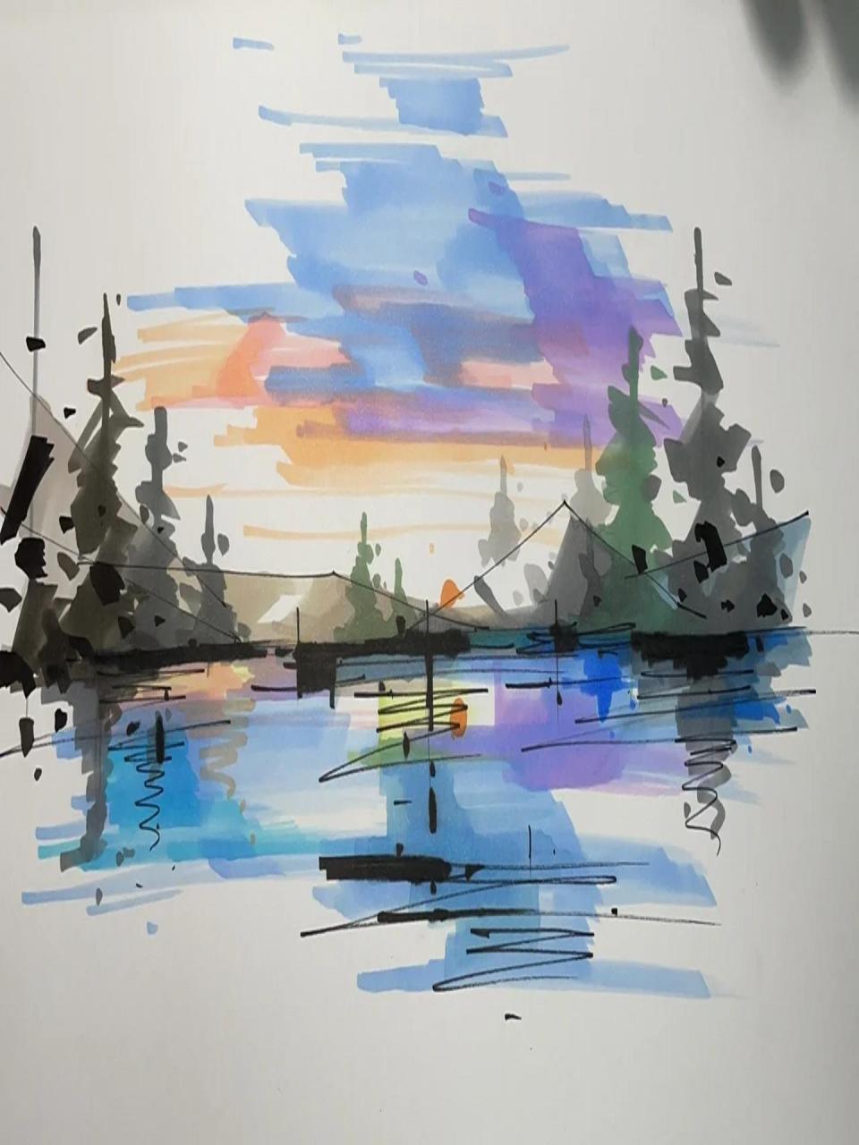 彩色天空 水 马克笔画法