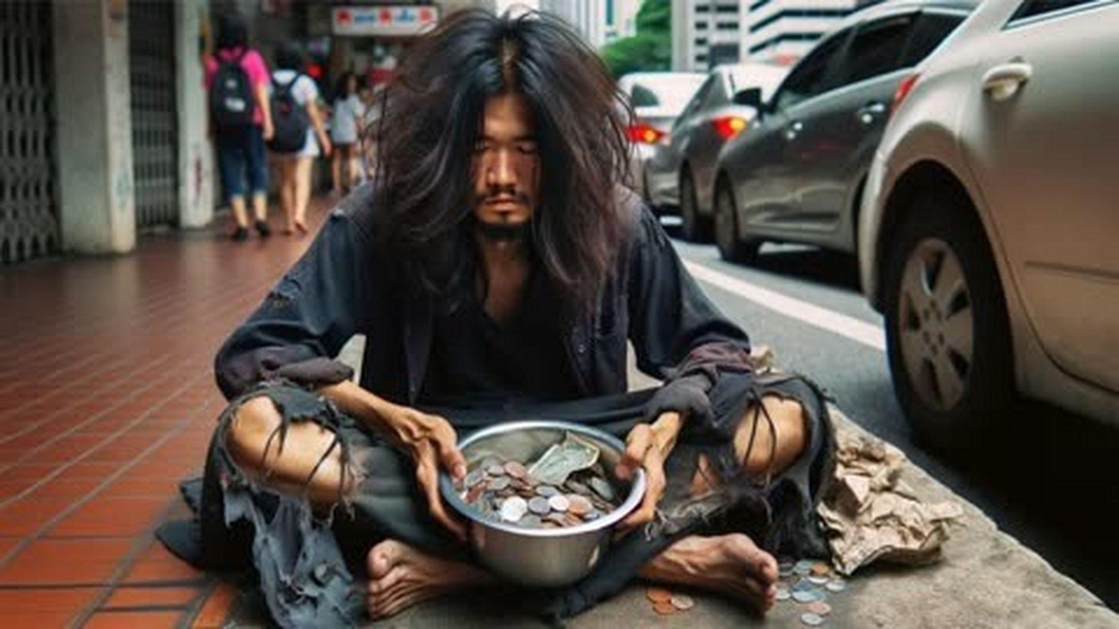 那个可怜的乞丐,已经三天粒米未进了,他蹒跚地走到