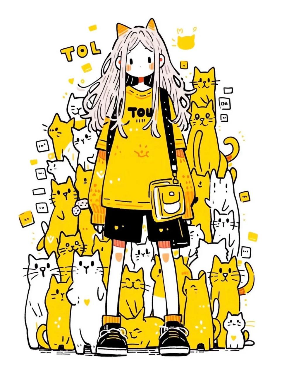 midjourney创意简笔画|闪闪发亮的猫系女孩 今天的猫系女孩变成金黄色