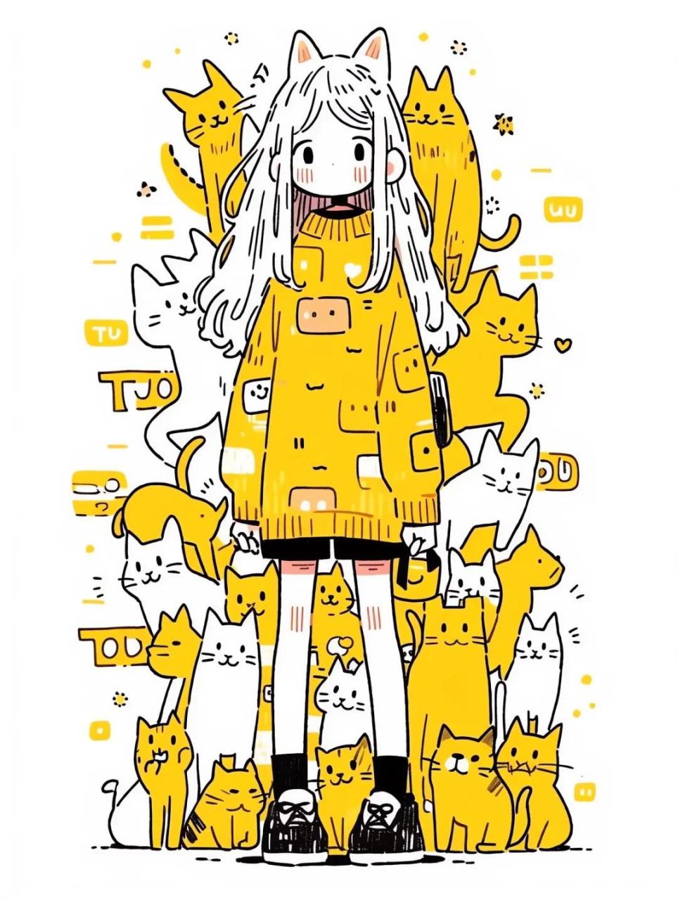 midjourney创意简笔画|闪闪发亮的猫系女孩 今天的猫系女孩变成金黄色