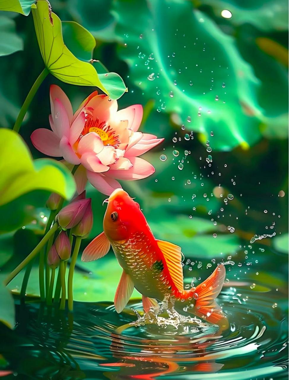 锦鲤红莲,红红火火,好运连连,福寿绵绵.