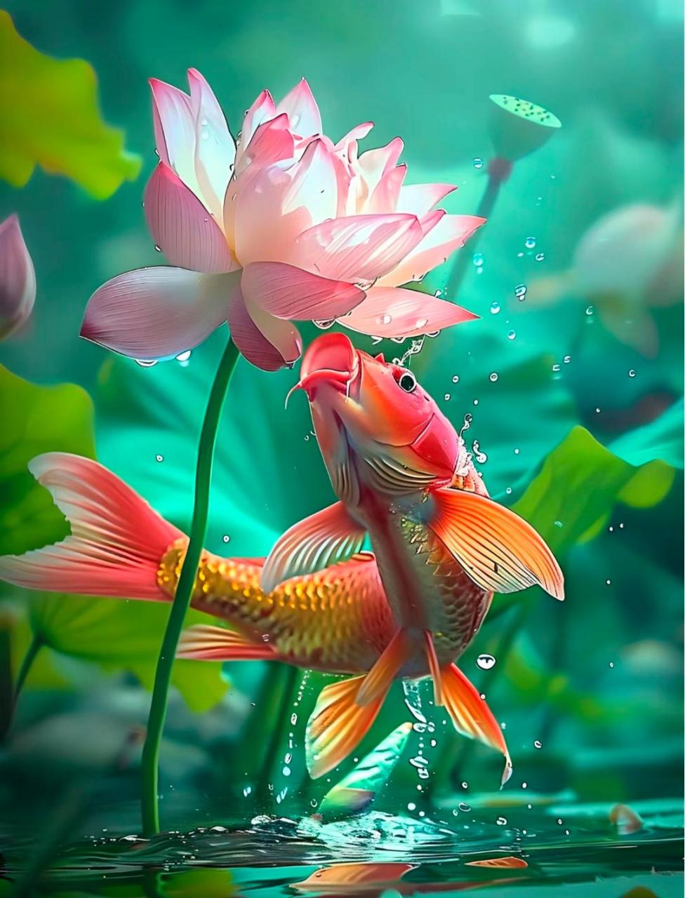 锦鲤红莲,红红火火,好运连连,福寿绵绵.