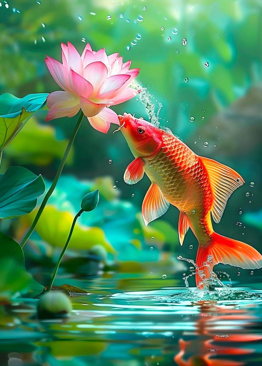 锦鲤红莲,红红火火,好运连连,福寿绵绵.