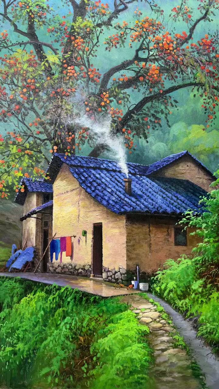 炊烟袅袅 诗情画意 精品油画 你是否也向往这田园风光的生活呢?