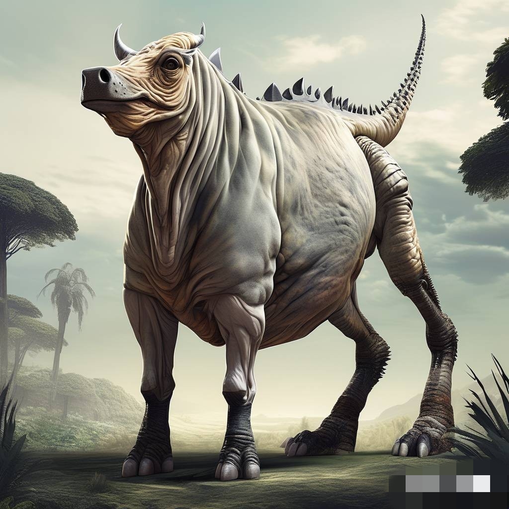 牛,马和恐龙三者合体的神话生物图像