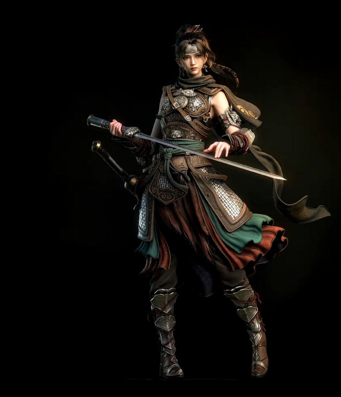 建模欣赏:国风人物建模,展现了身着铠甲的女战士形象,by 毛瑞辞.