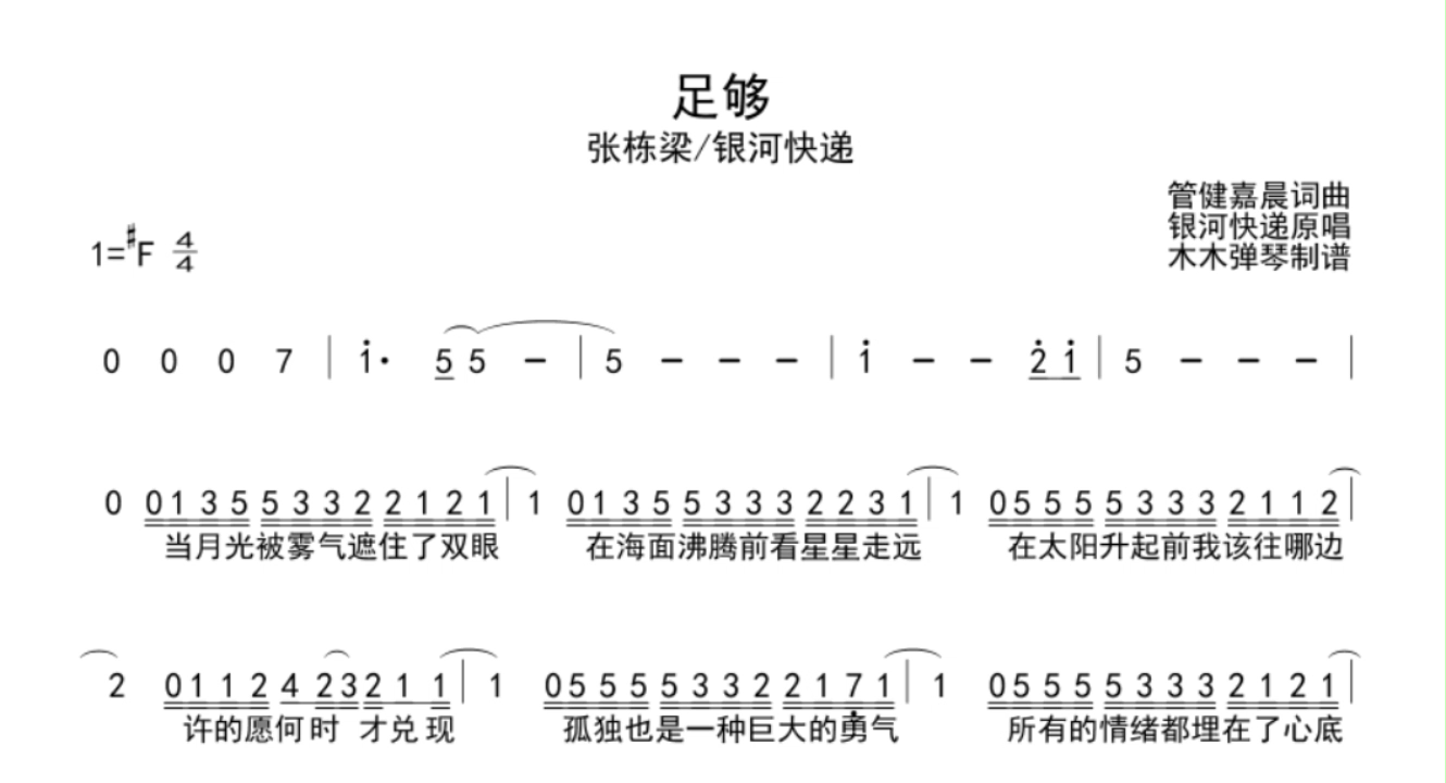 张栋梁/银河快递《足够》简谱,天赐的声音第五季 第6期