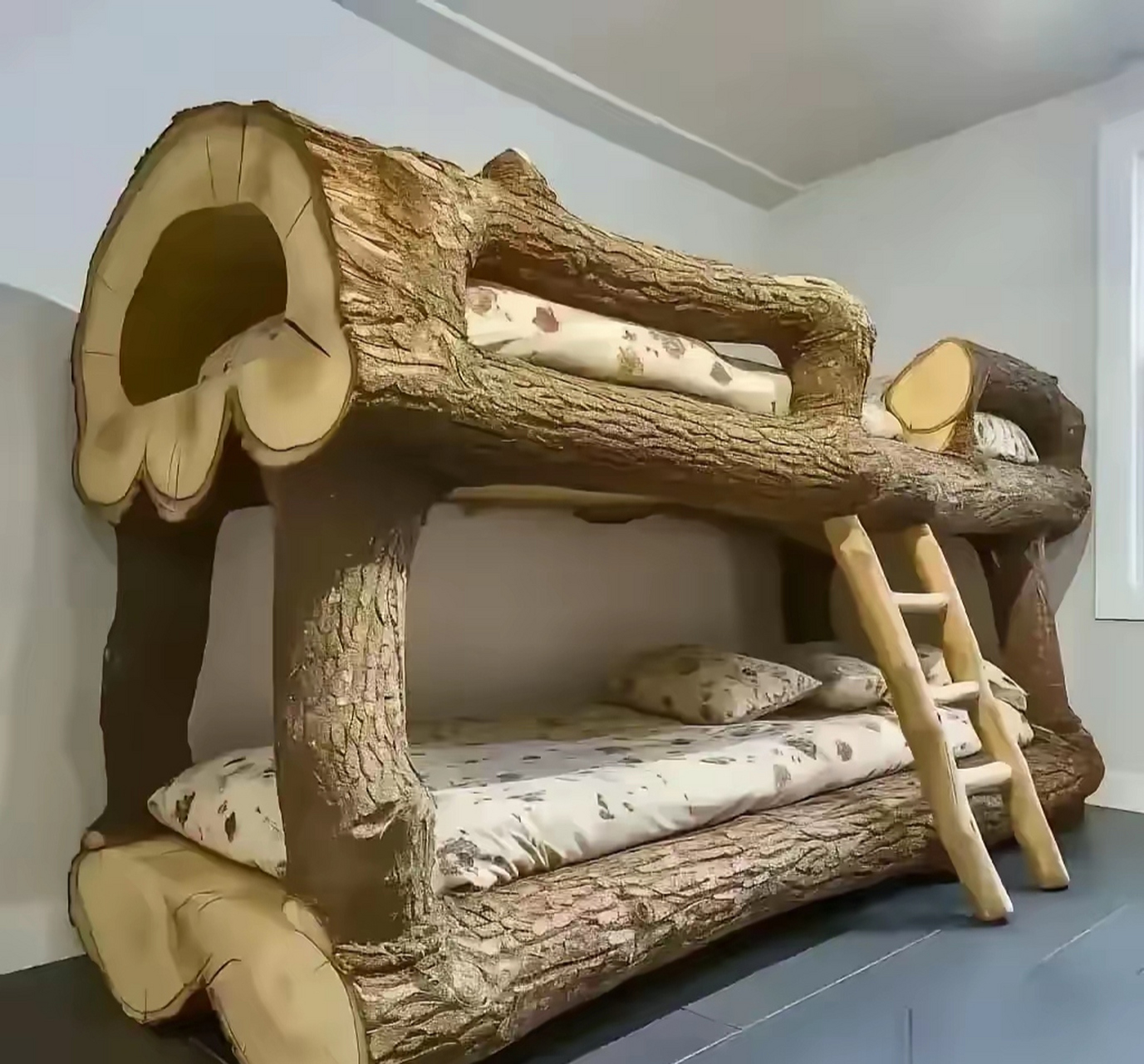 孩子的爷爷给孩子做的原生态木床,看起来好丑啊!