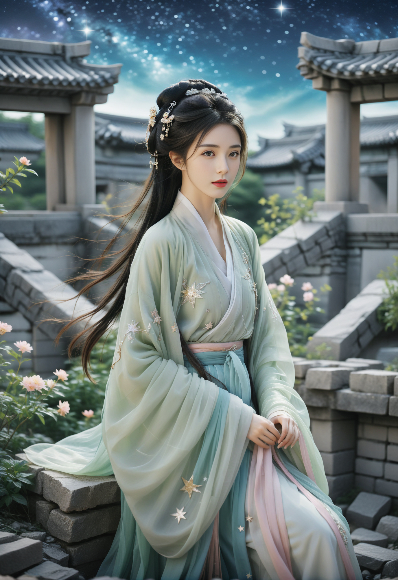 黑色长发飘逸如瀑,蓝色的裙装上面点缀着透明的星星,如同天上的仙女下