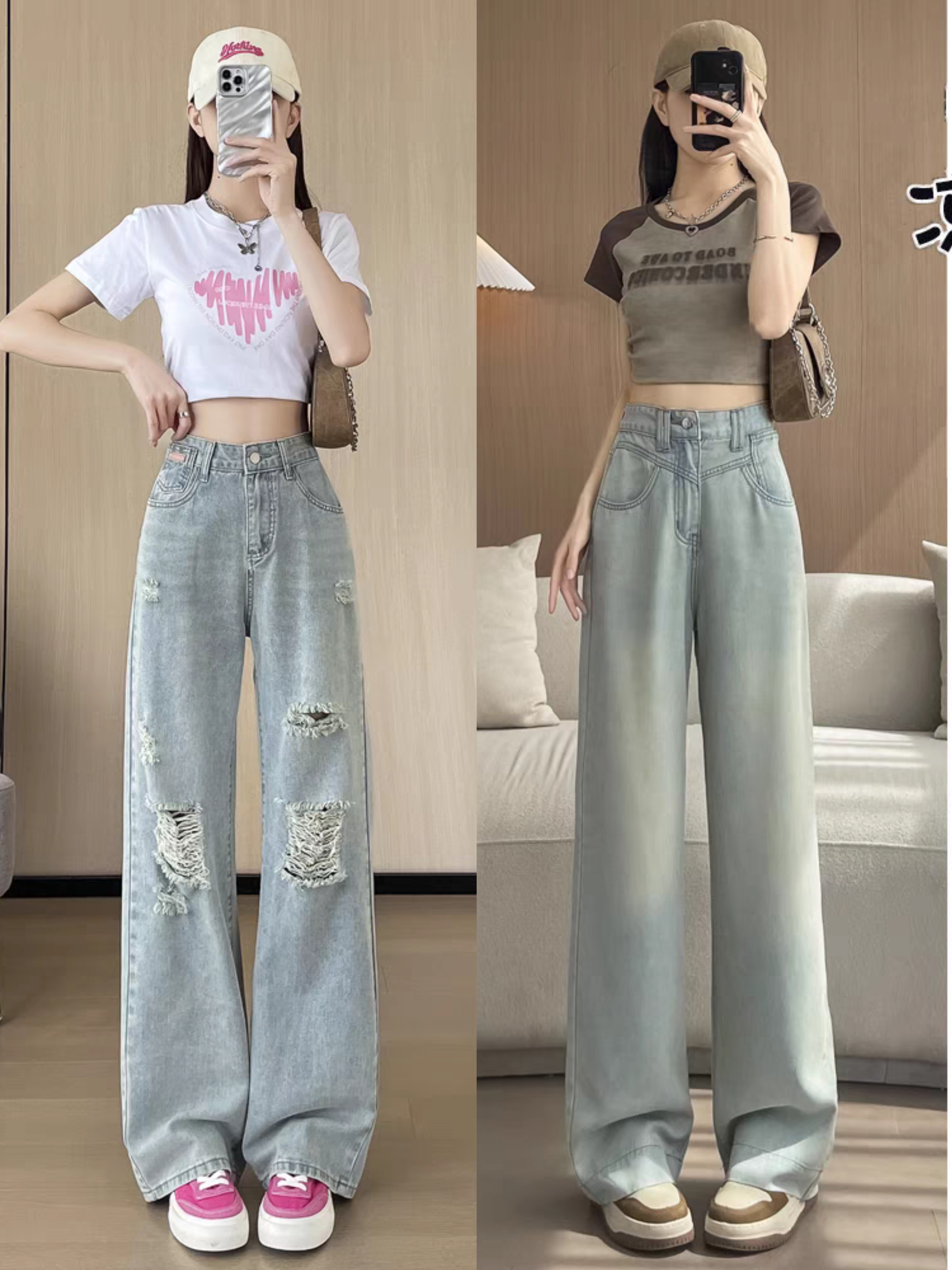 夏季女生复古直筒牛仔裤搭配上衣显瘦有以下技巧:1, 选择修身上衣,如