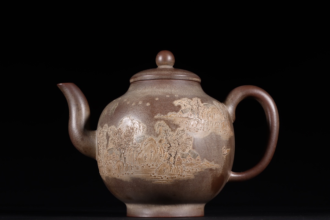 精工泥绘山水宫灯紫砂紫砂壶 款识:清德堂 清代  尺寸高 13×17cm