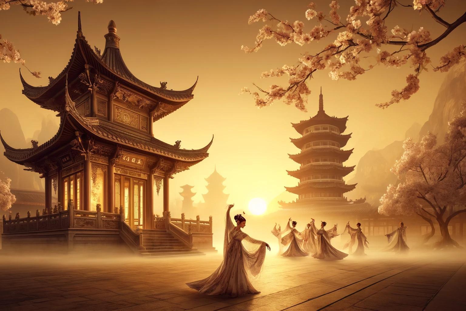 这张古风图美炸了落日余晖下的宝塔与樱花相映成趣,身着传统服饰的