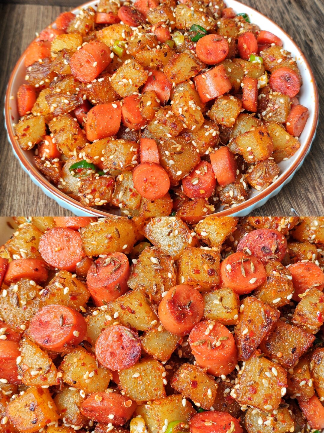 自制比烧烤好吃的孜然火腿土豆丁,香辣下饭 今天做了我最喜欢的孜然