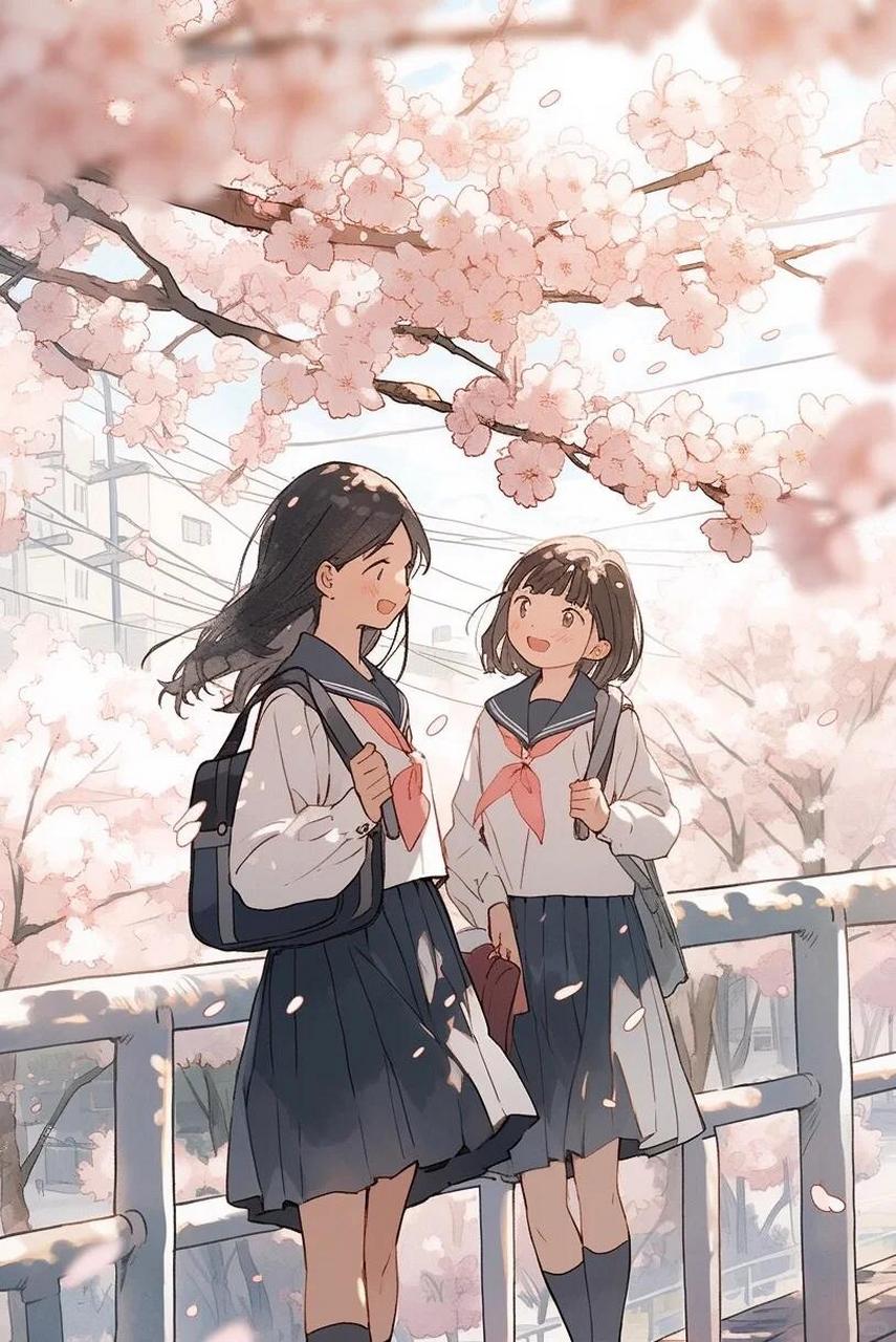 樱花树下,青葱岁月～插画漫画 校园里的樱花树下, 我们曾一起走过.