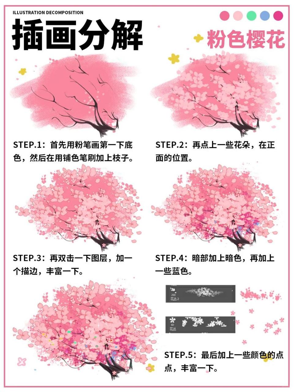 插画分解|粉色樱花树画法94 94step.