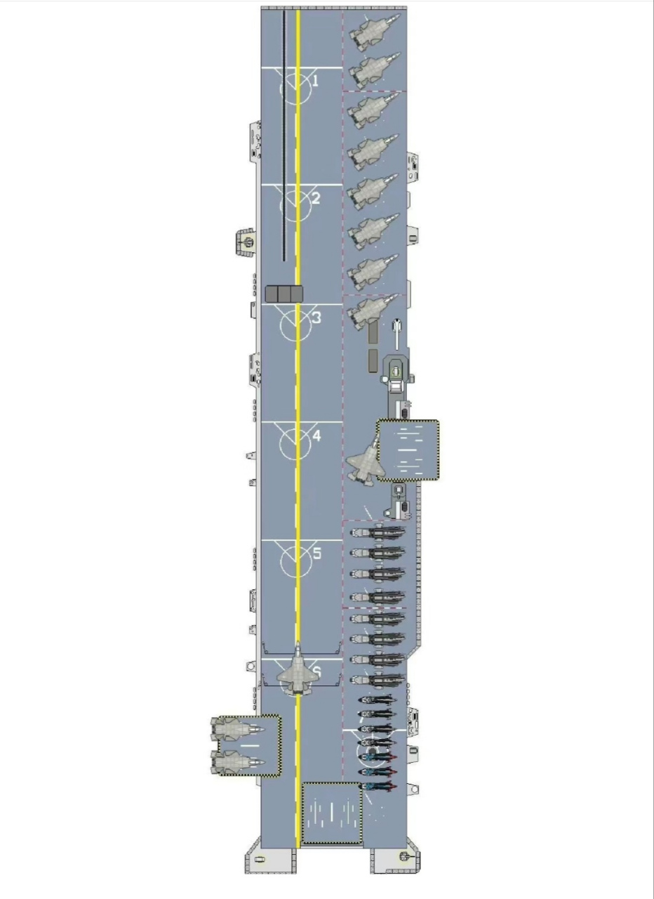 076两栖攻击舰假想图,两部舷外升降机,一部尾部升降机,一条电磁弹射器