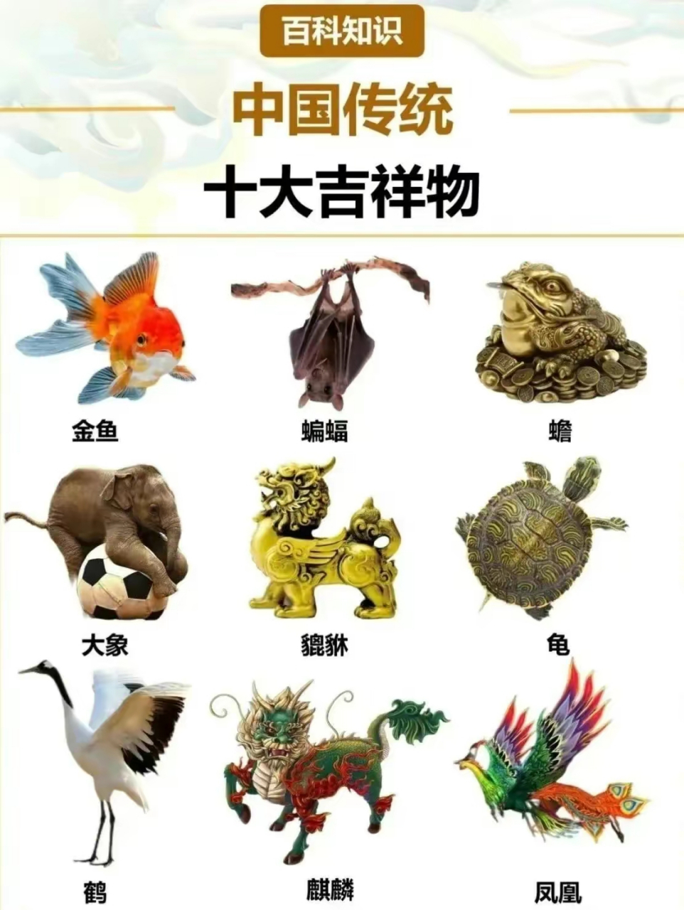 中国传统十大吉祥物 1.金鱼 2.蝙蝠 3.蟾 4.大象 5.貔貅 6.龟 7.鹤 8.