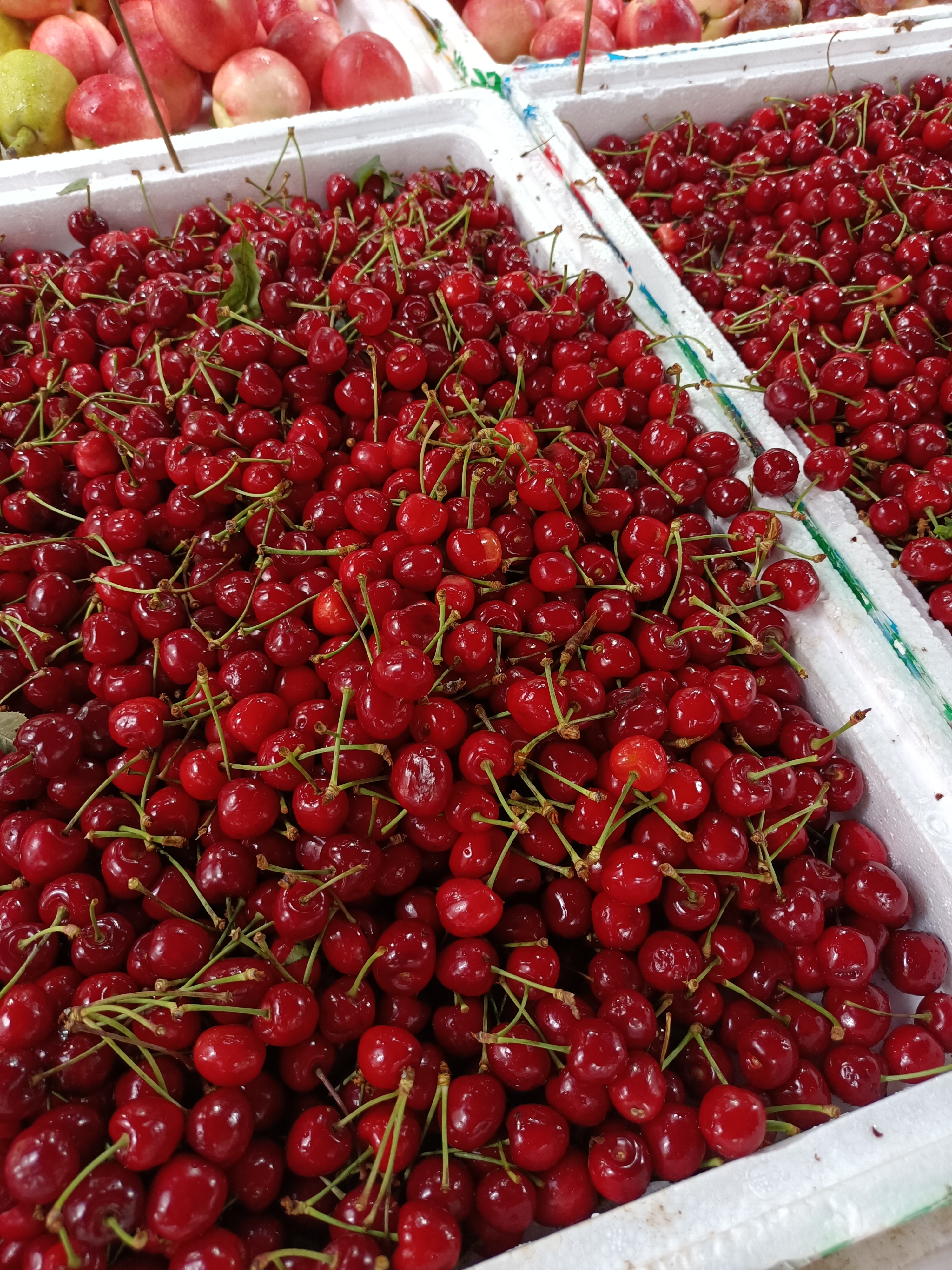 我出来走走看到路边摊子上摆了红火的樱桃,远看没什么,可是走近仔细看