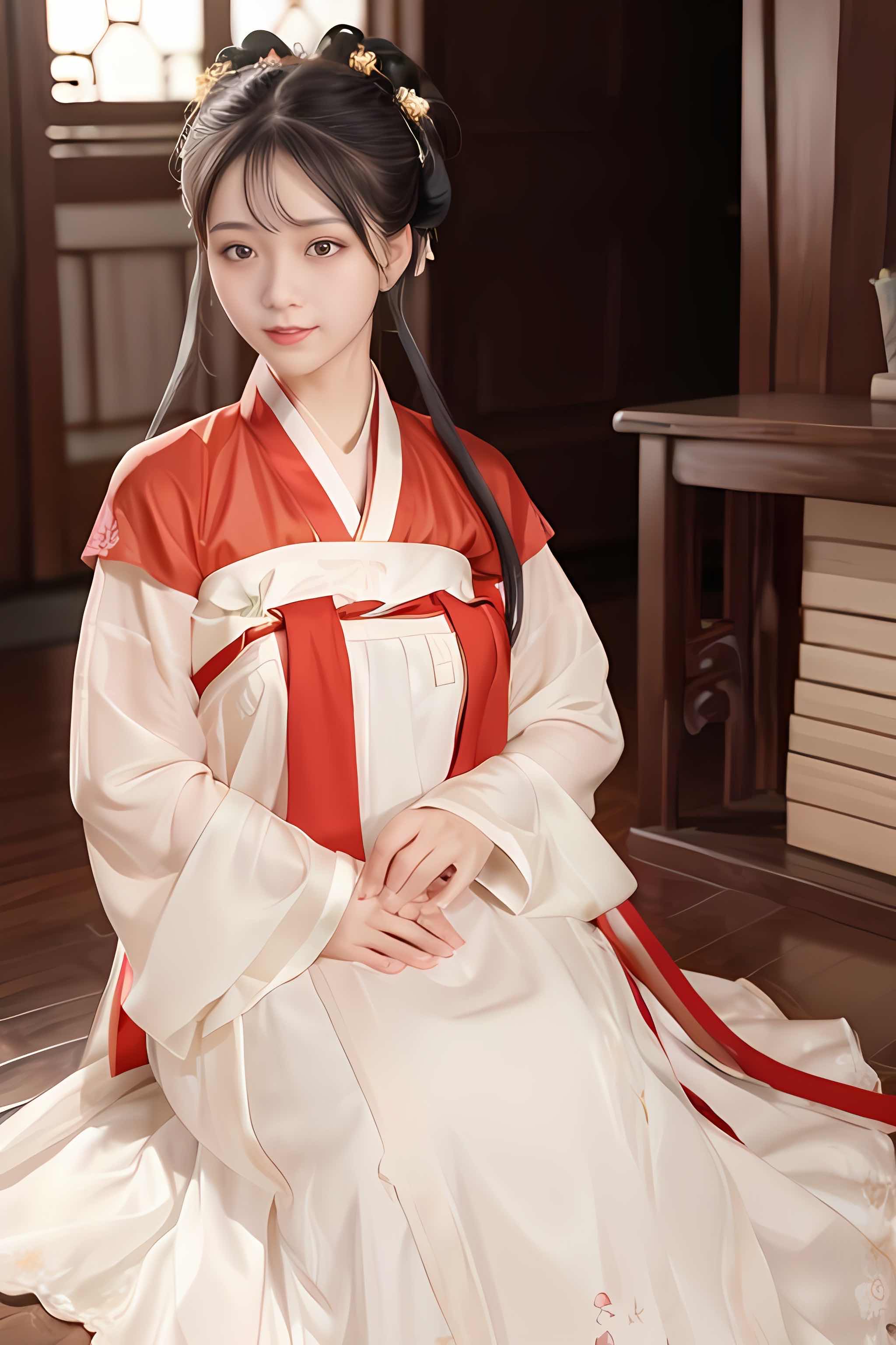 身穿一身汉服的女孩衣袂飘飘,给人一种温文尔雅,知书达理的大家闺秀