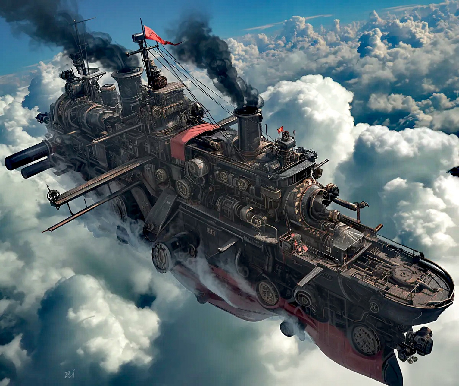 的飞空战舰,采用了神秘能源与机械相结合,冒着滚滚浓烟飞翔在天空之中