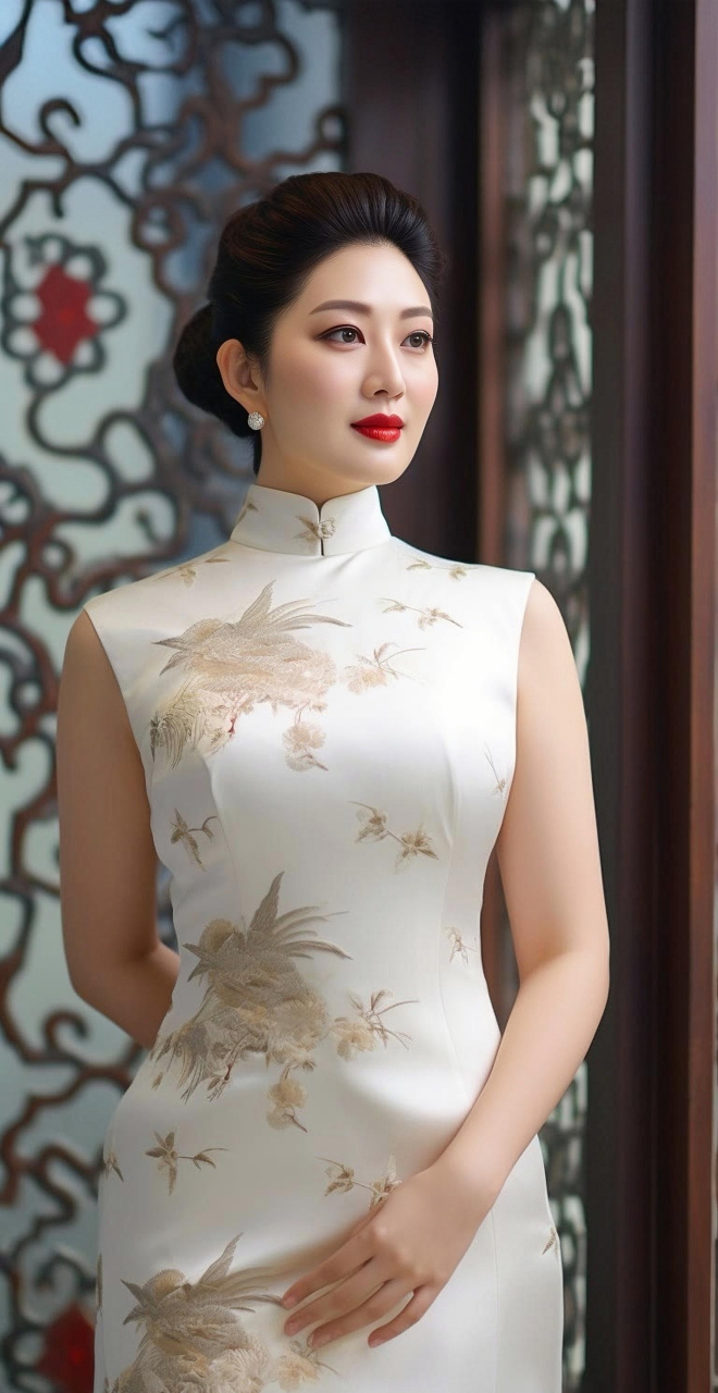 她身着白色印花旗袍,如同一位从水墨画中走出的古典美人.