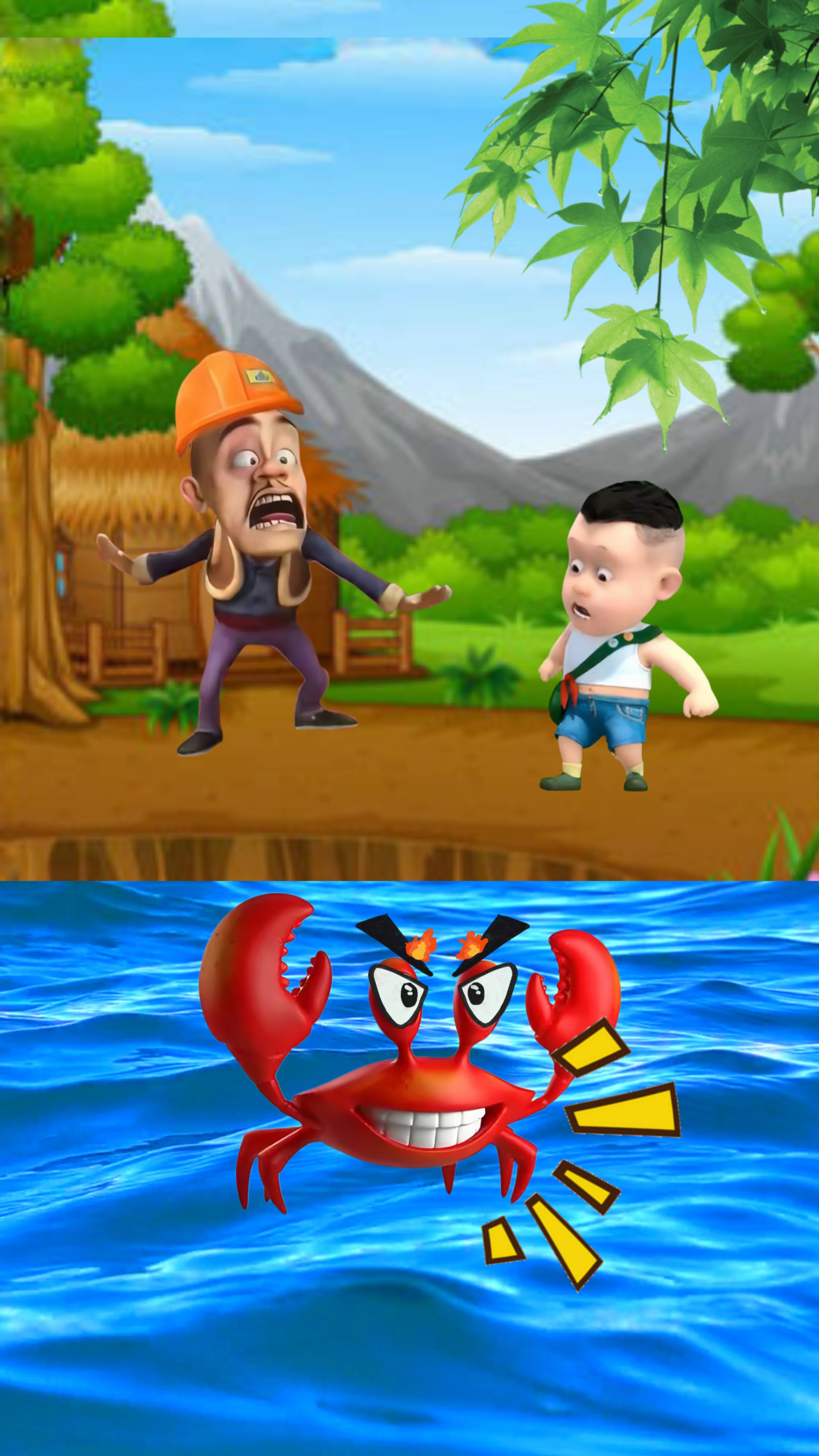 光头强和小小强被一只大螃蟹给吓跑了-度小视