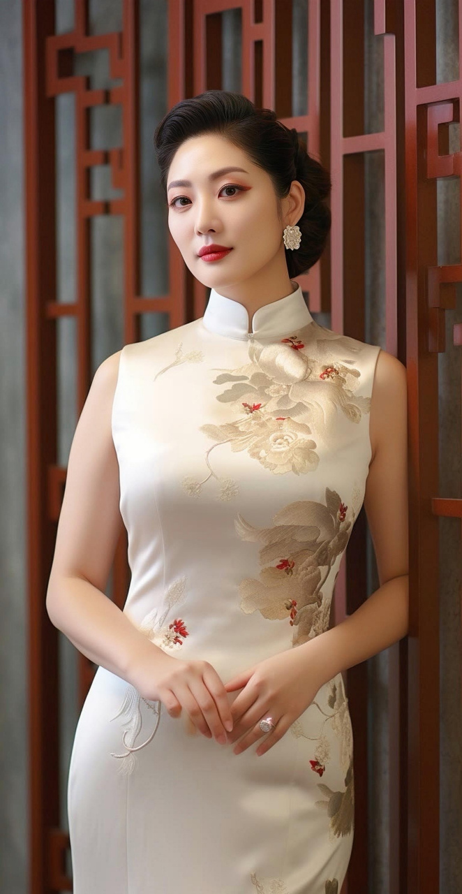 她身着白色印花旗袍,如同一位从水墨画中走出的古典美人.