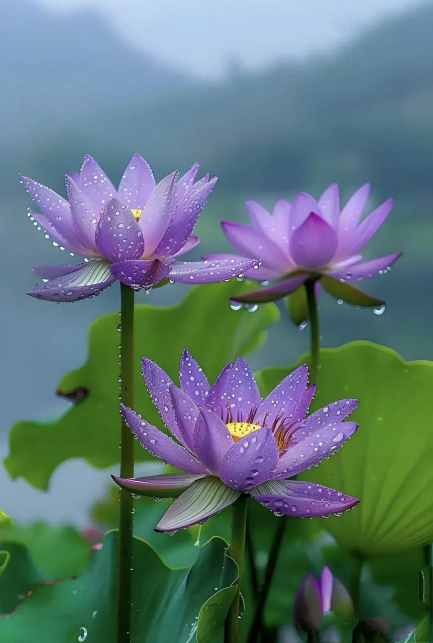 紫气东来,好运连连,紫色的荷花在阳光下闪烁着柔和的光芒,它们优雅地