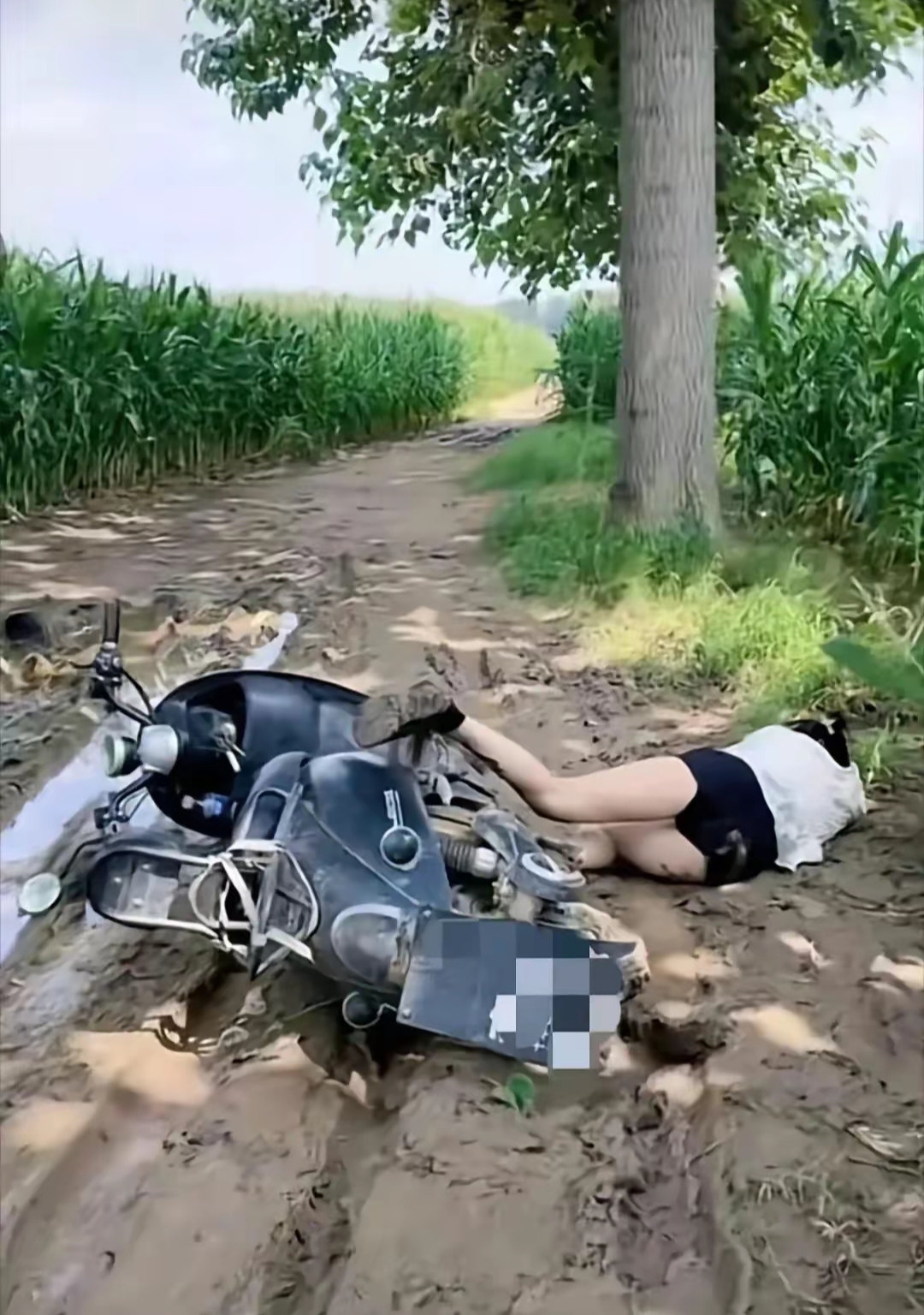 乡村土路,下点雨就泥泞难行,女子骑电动车不幸在条路上滑倒摔伤