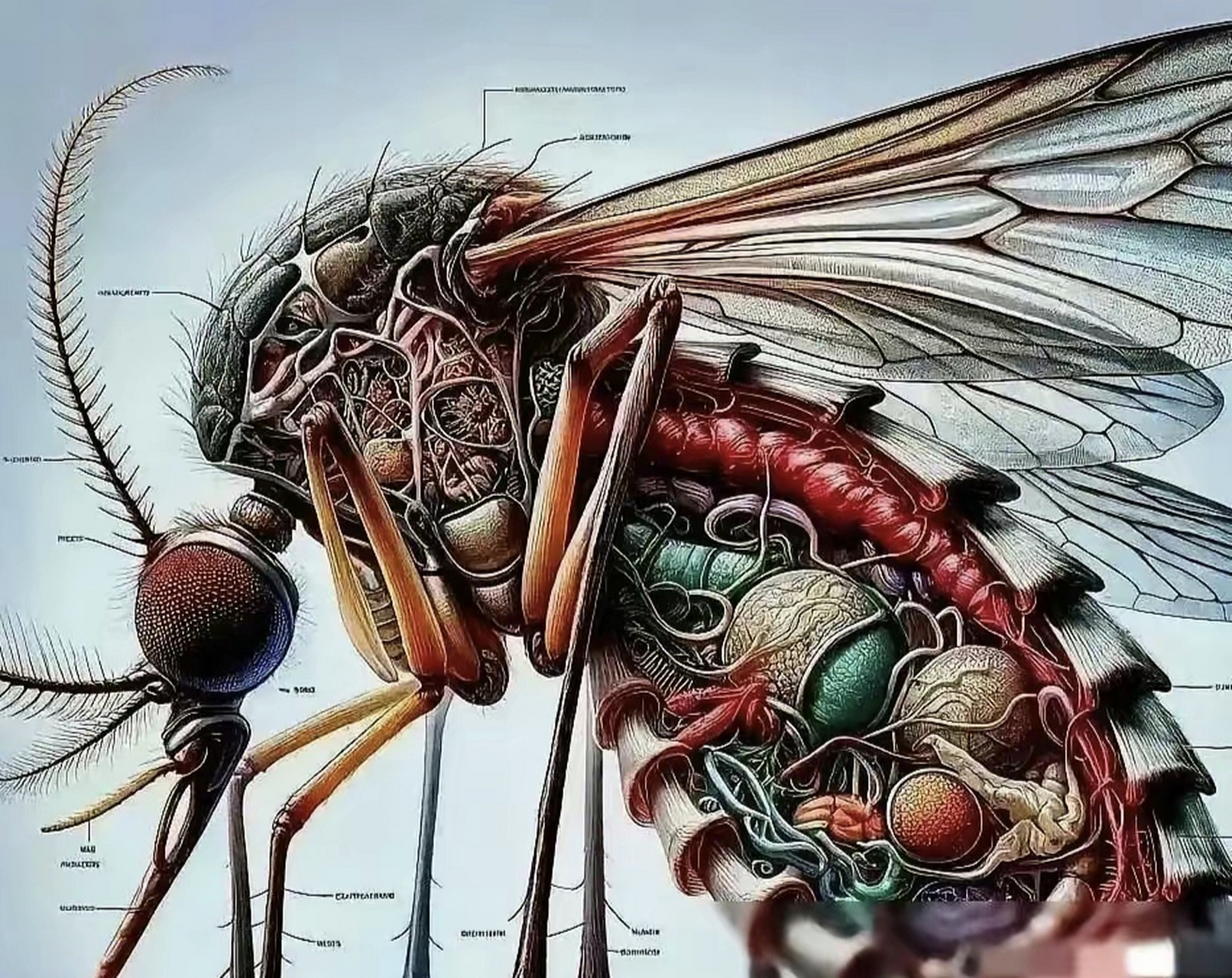 哦哟!你看这苍蝇的结构图,比起我们人类那复杂得多啊,整整一万倍呢!