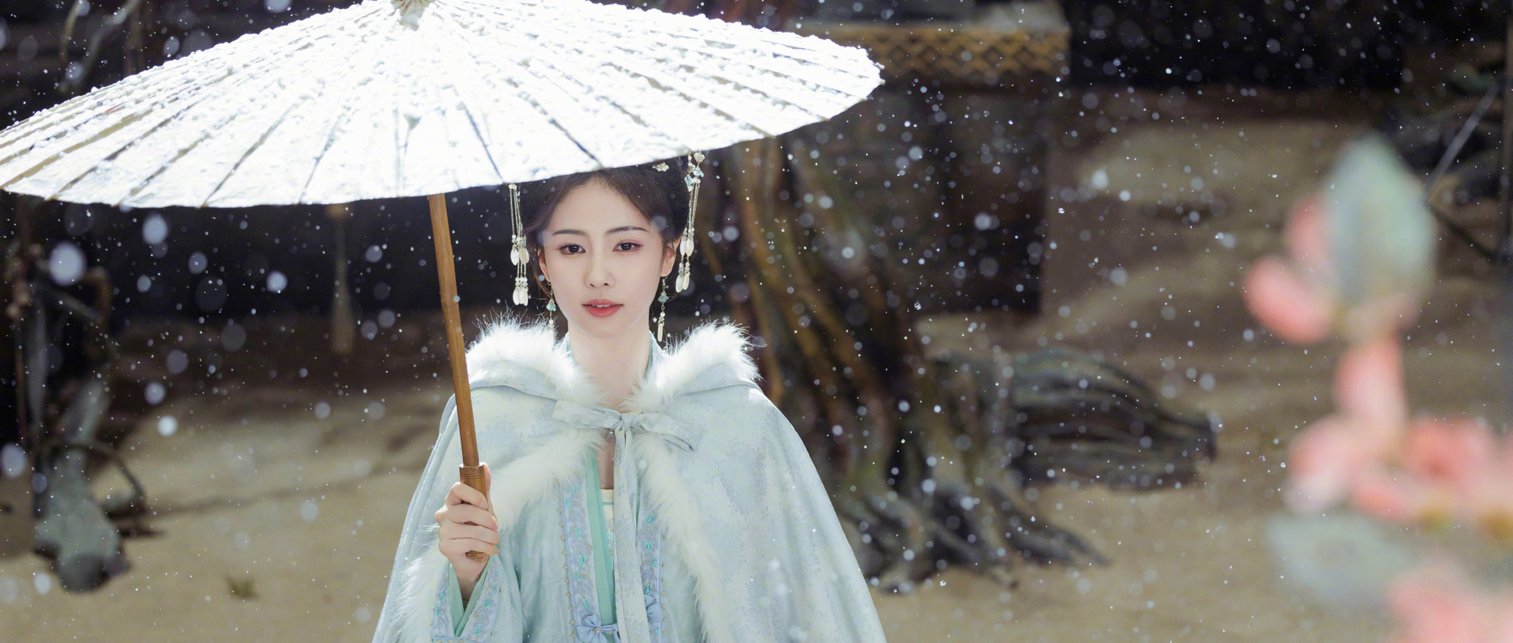 白鹿雪景撑伞,唯美古风大片,如同冬日的童话.