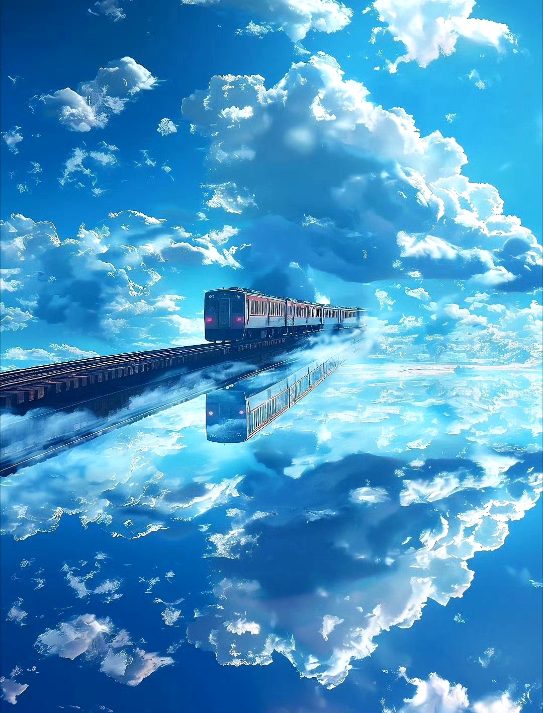 分享一组ai生成的风景插画作品,描绘了天空中的铁道与少年,画面梦幻而