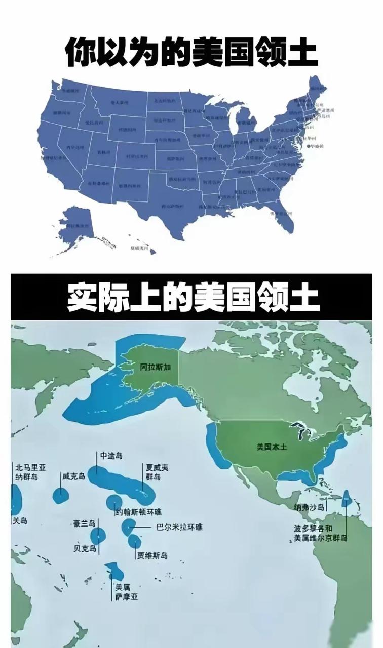 中学学习的美国国土,与真实的美国国土对比图,发现在太平洋中东部都是