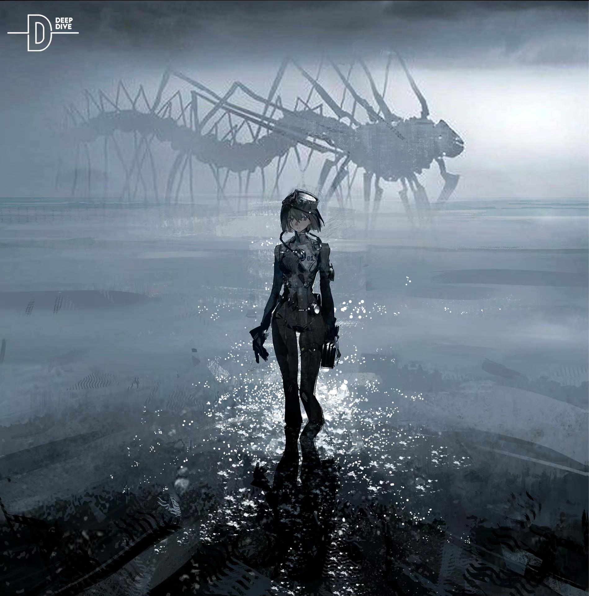 画师fyera绘制的一组动漫人物插画作品展现了人类的潜水员以及在水中