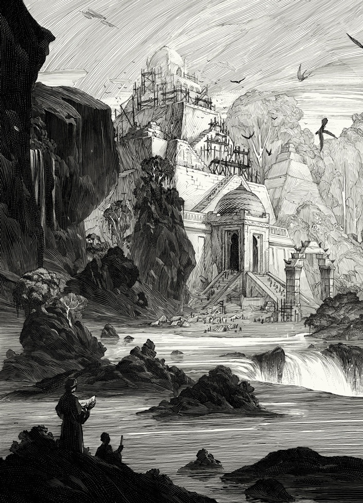 delort黑白线稿作品欣赏,用流畅的线条描绘了幻想题材的场景,画风细腻