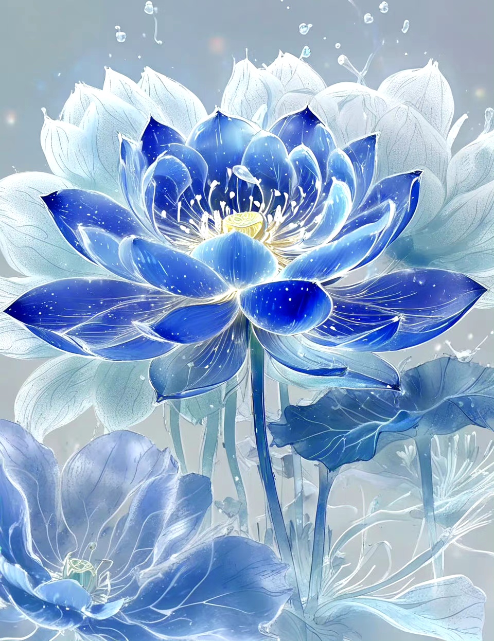 分享一组蓝色莲花作品,由ai生成,在展现花朵姿态万千的同时给人一种