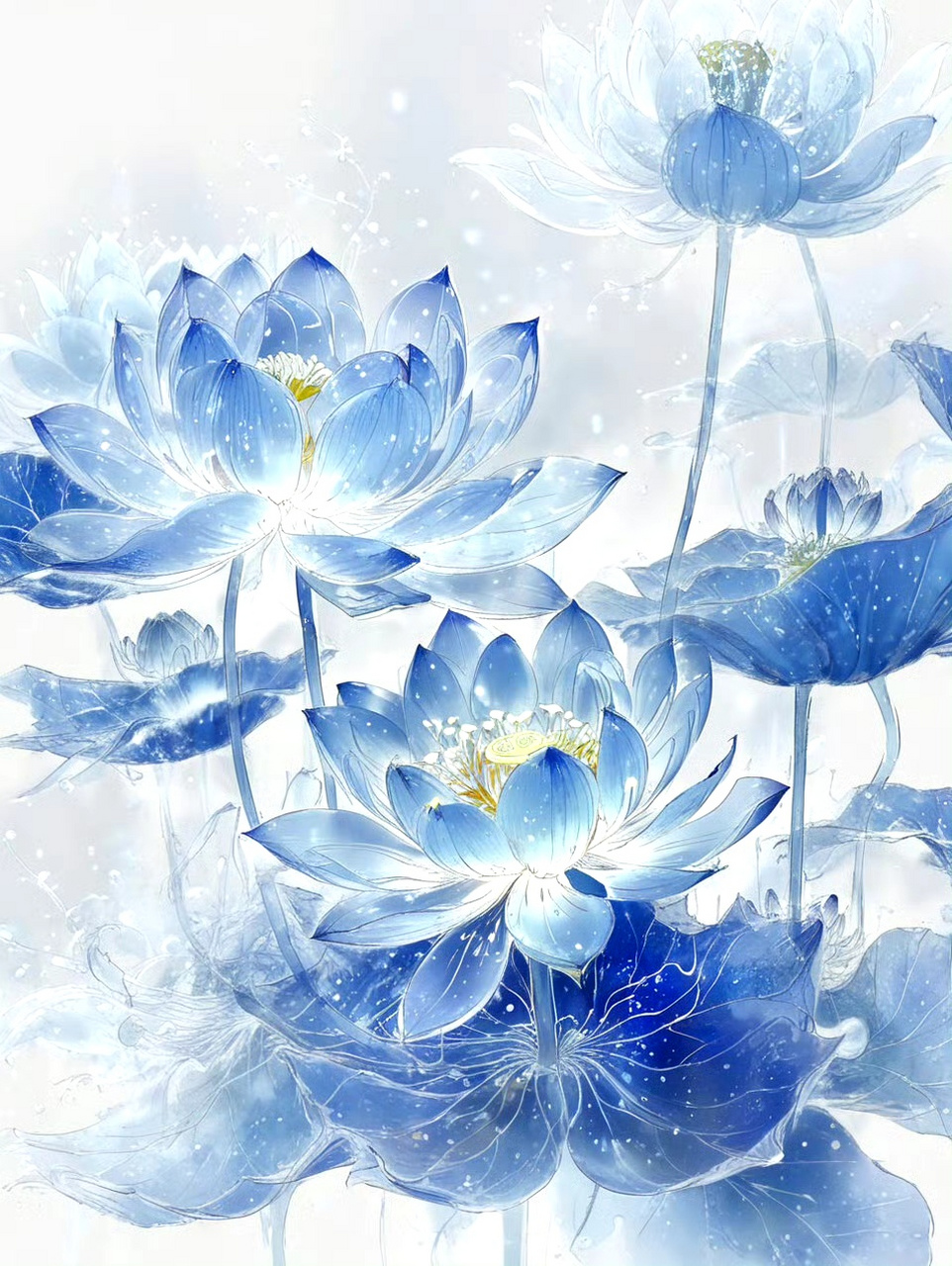 分享一组蓝色莲花作品,由ai生成,在展现花朵姿态万千的同时给人一种